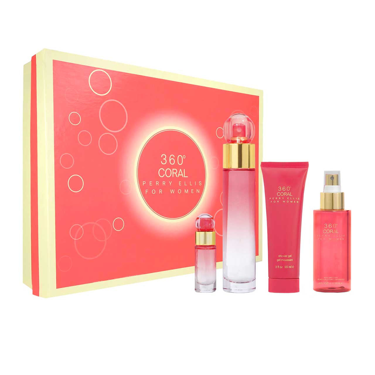 360 Coral SET 4 Piezas Dama EDP 100ml + BODY MIST 118ml + Crema De Manos + Miniatura 7.5ml